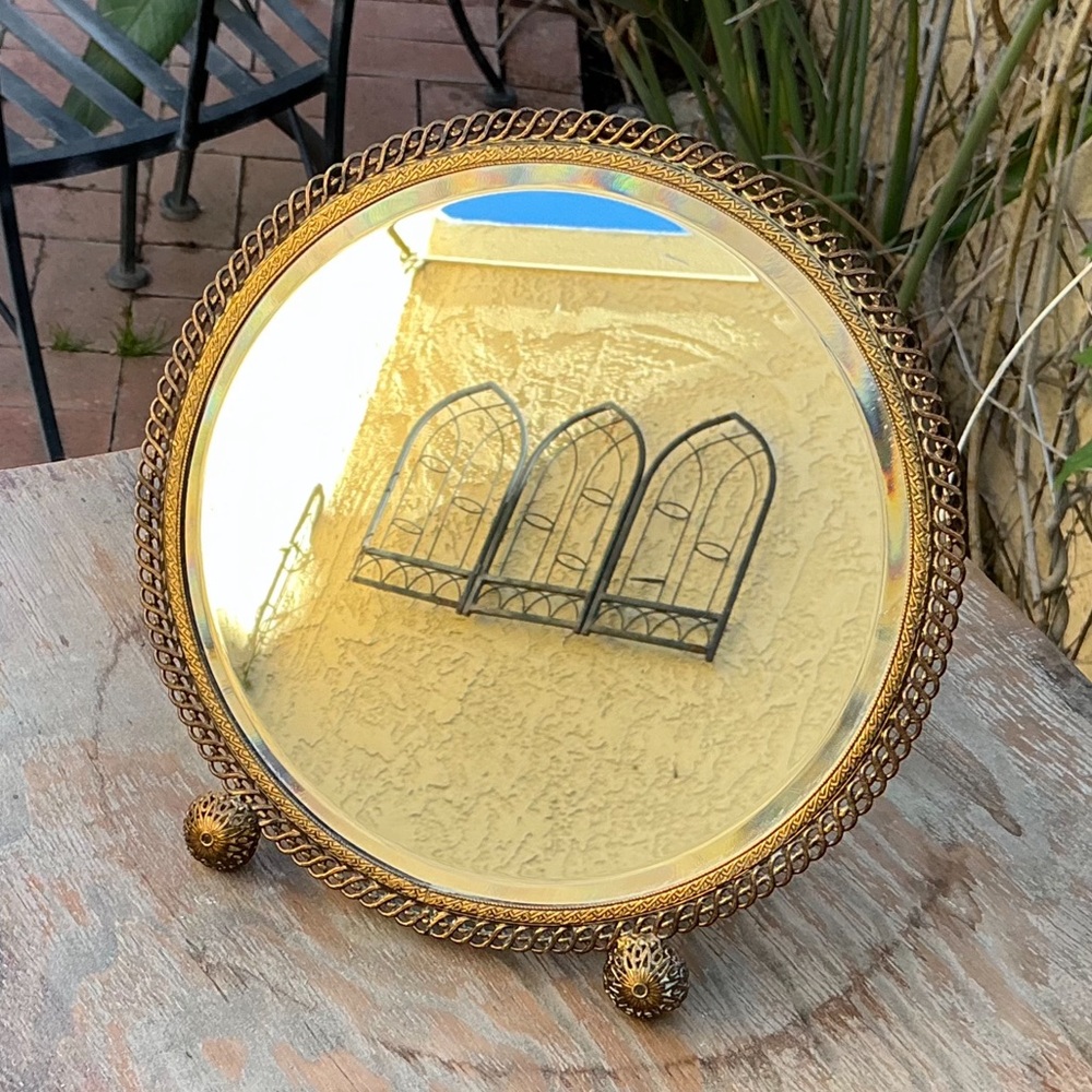 Mirror Hollywood Regency MCM Antique or Vintage Stand / Hand Mirror 7.5” Brass